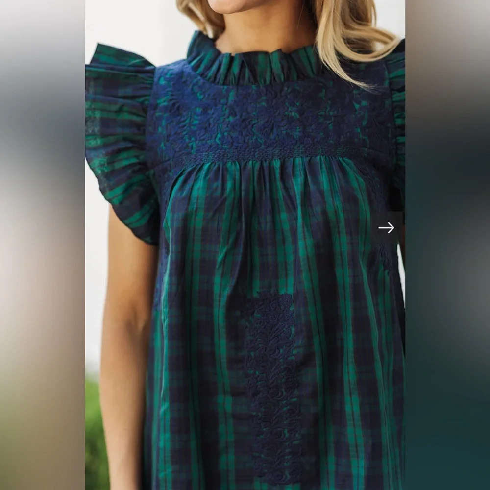 NWT The Joyce Ruffle Neck Dress Hunter Navy & Green Plaid Size Small - Picture 3 of 10